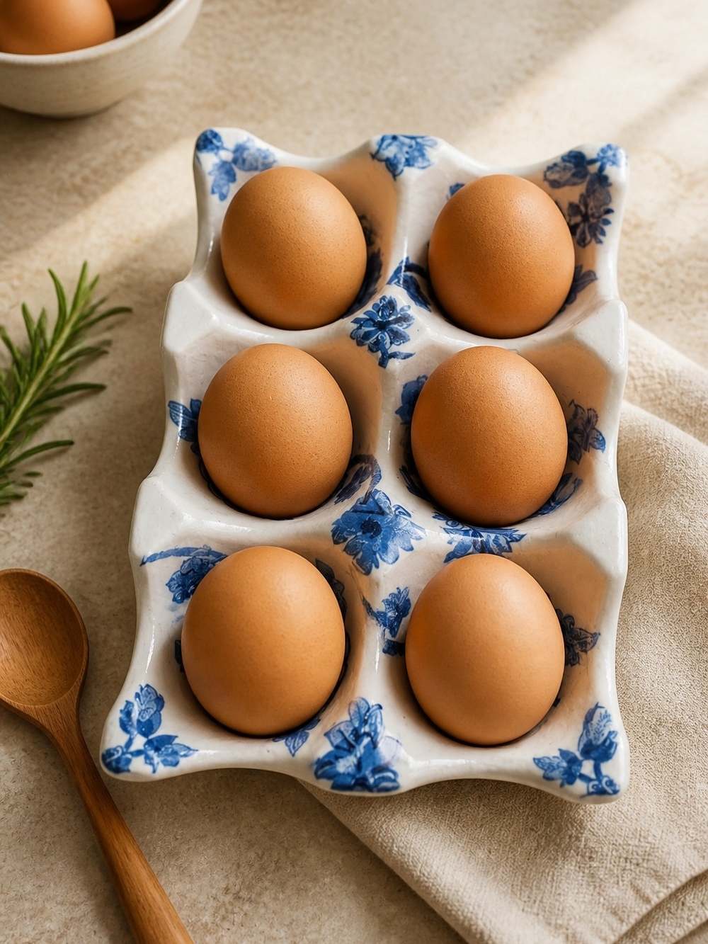 White blue Ceramic egg Storage Tray with decoupage
